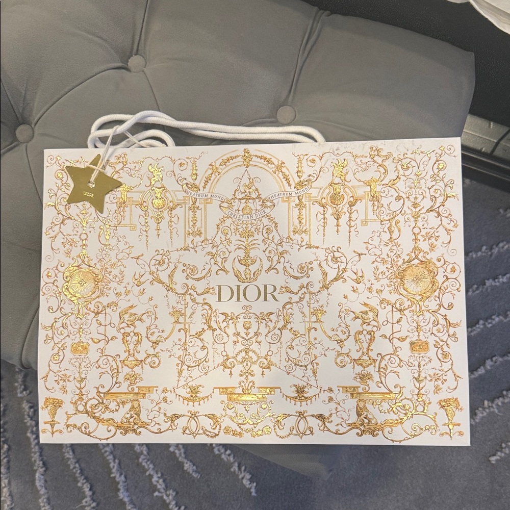 Dior White Paper Shopping Bag with Gold foil Ornate Design and metal star charm
